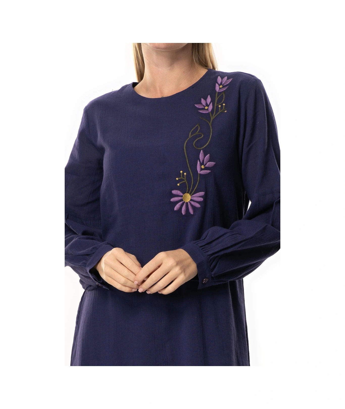 Uzun Kol Şile Bezi Gülşah Bisiklet Yaka Nakışlı Uzun Yazlık Elbise Mor Mor Mor