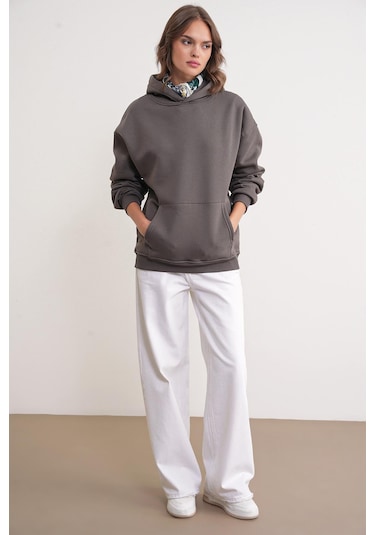 Mixray 2022 Unisex 3iplik Basic Polarlı Kapüşonlu Sweatshirt Hoodie Antrasit