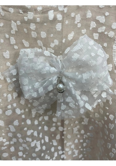 Yazlık Müslin Nokta Desenli Tüllü Taşlı Damla Aksesuarlı Bebe Kız Elbise Bej