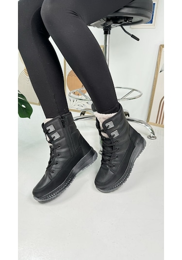 Günlük Kadın Kar Botu Kürklü Bağcıklı Fermuarlı Rahat Yüksek Kalın Tırtıklı Taban Bootie 815 Siyah-füme