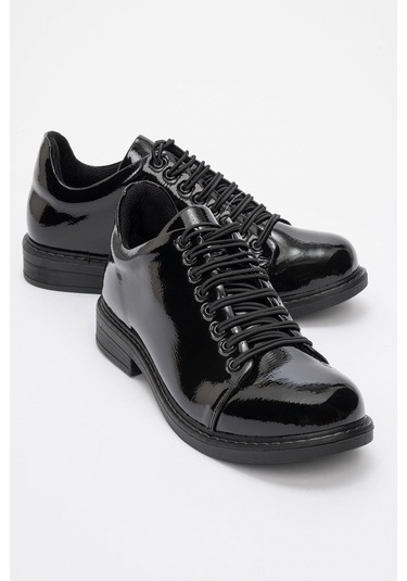 Festy Siyah Rugan Lastik Bağcıklı Kadın Günlük Ayakkabı Siyah Rugan