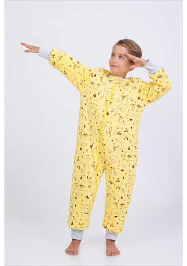 Kız Erkek Çocuk Kalın Elyaf Dolgulu Premium Kalite 2.5 Tog Desenli Uyku Tulumu Sarı - Kahverengi