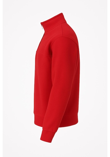 Classics Men Unisex Relax Fit Rahat Kesim Pamuklu Yarım Fermuarlı Dik Yaka Sweatshirt Kırmızı Kırmızı