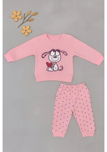 Bebek 2 Li Takım Sevimli Köpek Baskılı Sweatshirt Ve Noktalı Pantolon Pembe