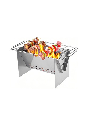 Jeemson Dışarıda Çalışır Çelik Katlanabilir Odun Fırını + Üfleme Çubuğu, Kamp Ve Bisiklet Turları İçin Mangal Tepsili Ateşli Pişirme Aleti Gümüş