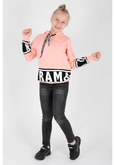 Ahengim Kız Çocuk Drama Baskılı Kapüşonlu Sweatshirt Ak13433 Somon