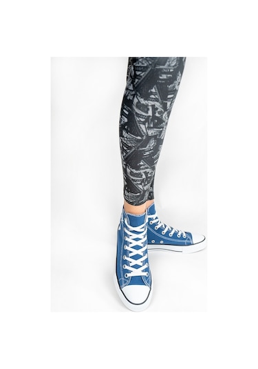 Kadın Baskılı Bilekli Keten Spor Ayakkabı Kot Mavisi Mavi