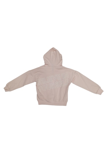 Kız Çocuk Believe Yazılı Fermuar Kapamalı Kapüşonlu Pudra Hırka