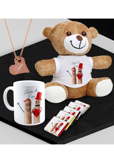 Kişiye Özel Sevgili Peluş Ayı Kupa Madlen Çikolata Ve Rose Kalp Kolye Set - 85