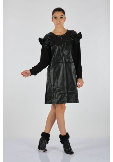 Unique Mode Minimalist Uzun Kol Midi Deri Elbise - Günlük Şıklık Siyah