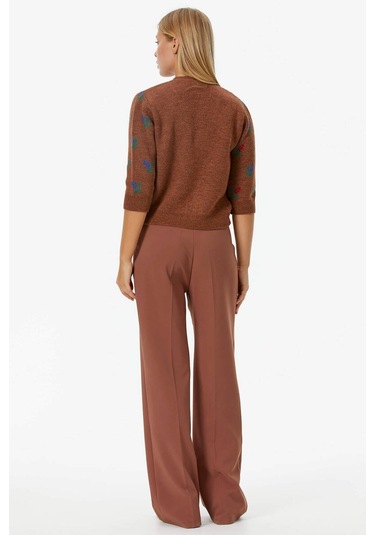 Çiçek Motifli Crop Triko Takım - Taba 001