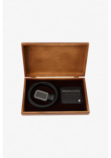 AC&Co / Altınyıldız Classics Erkek Siyah Özel Ahşap Hediye Kutulu Kemer - Kartlık Aksesuar Set Damat Bohçası Siyah