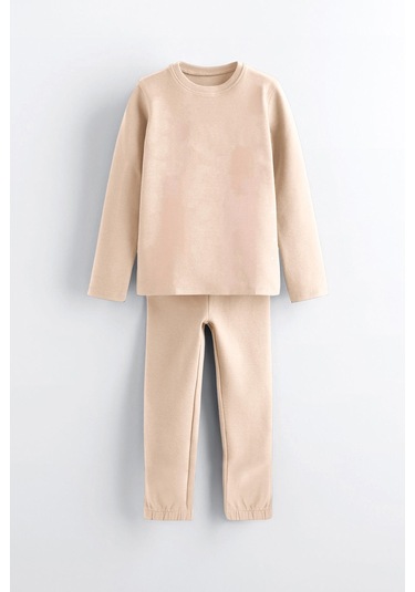 Luess Kız Çocuk %100 Pamuklu Kabartma Baskılı Alt Üst Pijama Takımı - Bej 3-4 Yaş 8-9 Yaş Bej