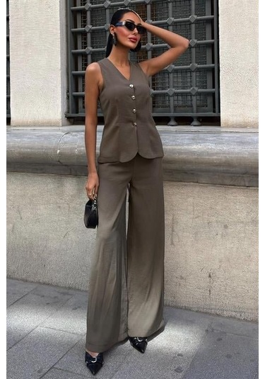Arkası Bağcıklı Yelek Plazza Pantolon Modal Takım 10202-08 Haki
