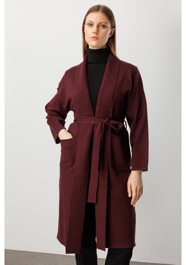 On Kadın Büyük Beden Beli Kuşaklı Şal Yaka Hırka 60900 Bordo Bordo