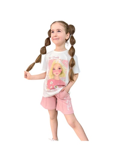 Riccotarz Kız Çocuk Papatya Ve The Beauty Yazı Baskılı Penye T-shirt Pudra Şortlu Takım Pudra