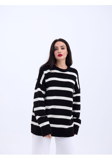 43111 Triko Çizgili Salaş Kazak-siyah-ekru Çok Renkli