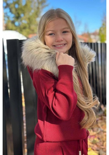 Riccotarz Kız Çocuk Yakası Çıkarılabilir Kürklü Kazak Çift Cepli Triko Bordo Alt Üst Takım Bordo