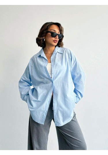 Kadın Oversize Uzun Basic Gömlek Mavi