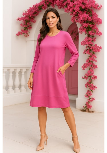 Rich Kadın Pembe Gizli Cepli Uzun Kollu Elbise Pembe