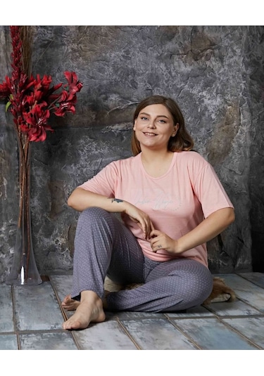 Lukitus Büyük Beden Battal Kısa Kol Bambu Kadın Pijama Takımı Gri