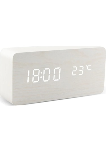 Çalar Saat Led Ahşap Saat Masası Ses Kontrolü Dijital Ahşap Umut White