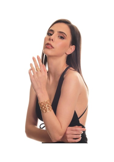 Kadın Mat Altın Kaplama Dikdörtgen Formlu Tasarım Bileklik & Yüzük Seti Altın