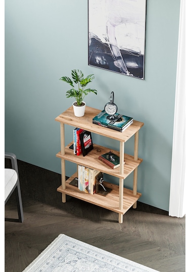 Dekoratif 3 Raflı Ahşap Ayaklı Kitaplık Yan Sehpa Atlantik Çam