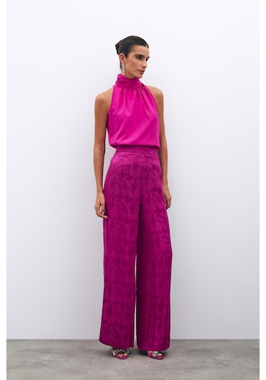 Sateen Jakarlı Salaş Pantolon - Fuşya