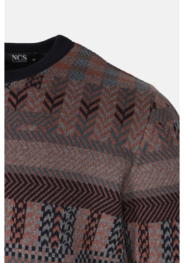 Erkek Triko Lacivert Bisiklet Yaka Desenli Slim Fit Pamuklu Kazak Ncs Jeans 3721 Lacivert