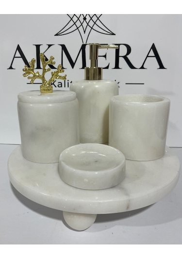 Mermer Top Ayaklı Standlı 5 Parça Lüks Banyo Seti Altın - Beyaz