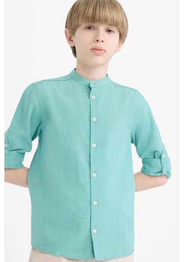 DeFacto Erkek Çocuk Dik Yaka Keten Görünümlü Uzun Kollu Gömlek Z1035A625SMGN1106