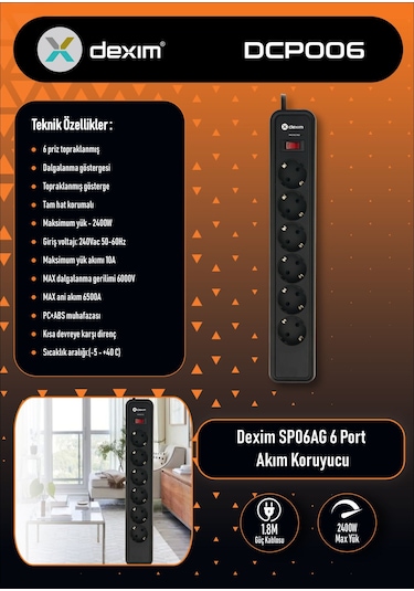 Dexim Sp06ag 6'lı 1.8 M Akım Korumalı Priz
