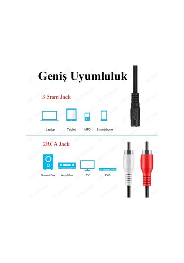 3.5Mm Dişi 2 Rca Erkek Stereo Ses Kablosu 1.5 Metre
