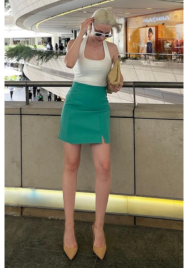 Madmext Yeşil Yüksek Bel Önden Yırtmaçlı Kısa Etek Mg2086 Yeşil