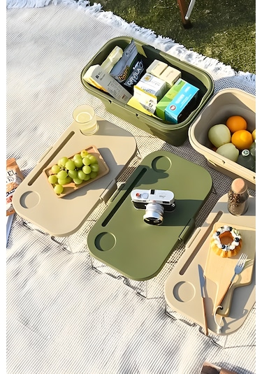 Katlanır Piknik Sepeti Masalı Silikon Sepet Kamp Çantası Krem