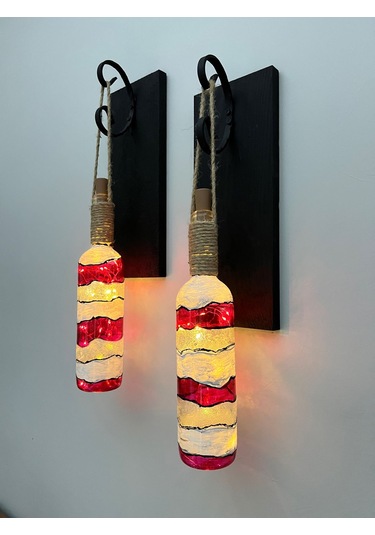 Ahşap Kırmızı Renkli Vitray Cam Şarap Şişesi Duvar Aplik 2'li Kırmızı