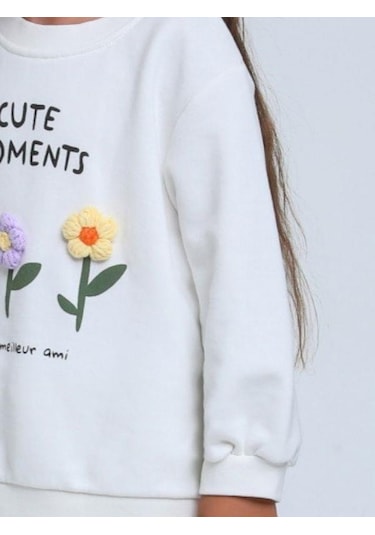 Kız Çocuk Örgü Çiçek Desenli Sweatshirt-14297 Beyaz