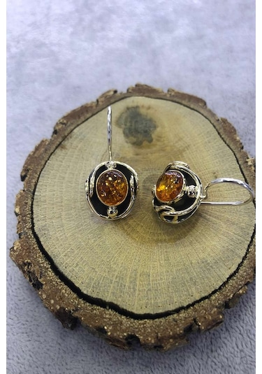 Kehribar Taşlı Gümüş Küpe 925 Ayar N11.65659