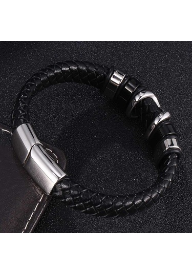 Trend Deri Bileklik Erkek Siyah Örgülü Bileklikler Erkek Takı Parti Hediyesi Paslanmaz Çelik Tokalı Bilezikler Siyah
