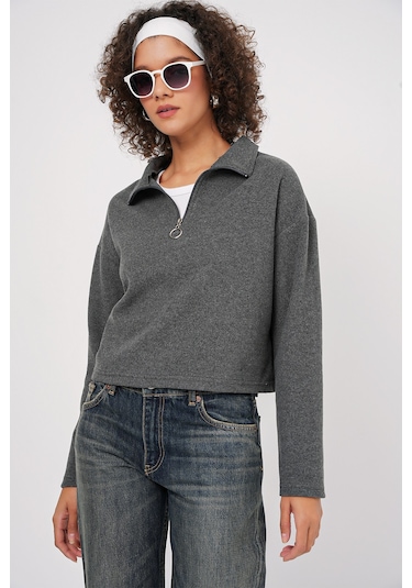 Bigdart 55449 Fermuarlı Yaka Örme Sweatshirt - Antrasit