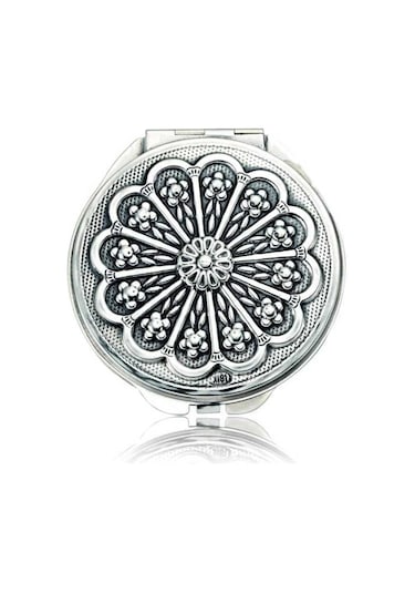 Gümüş Papatya Motifli Kapaklı El Aynası Beyaz