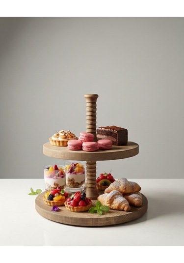 2 Katlı Ahşap Kek Kurabiye Sunumluk ,2 Katlı Doğal Ahşap Stant 28x28