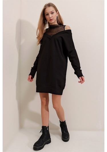 Aqe Fashion Kadın Siyah Tül Yaka Detaylı Elbise Siyah