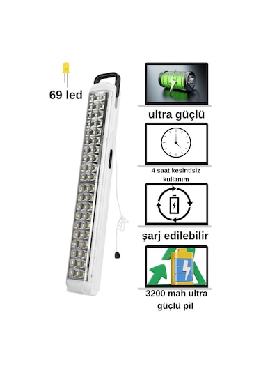 69 Power Li Işıldak Çekmeli Ipli Şarjlı Işıldak 2 Kademeli Aydınlatma Kamp