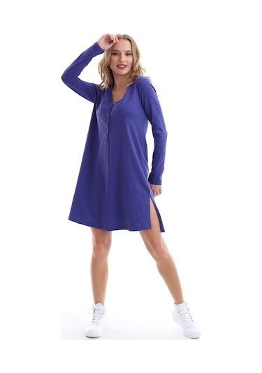 Self Clothing Kadın Tunik Elbise Düğmeli Yan Yırtmaçlı Mor