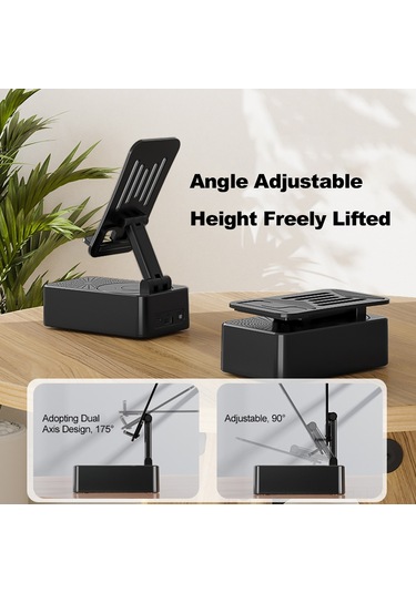 Cep Telefonu Standı Üçü Bir Arada Bt Hoparlör Telefon Standı Ve Şarj Cihazı Katlanabilir Ve Döndürülebilir 5000mah Taşınabilir Hoparlörler Telefon Şarj Standı Masa İçin Siyah