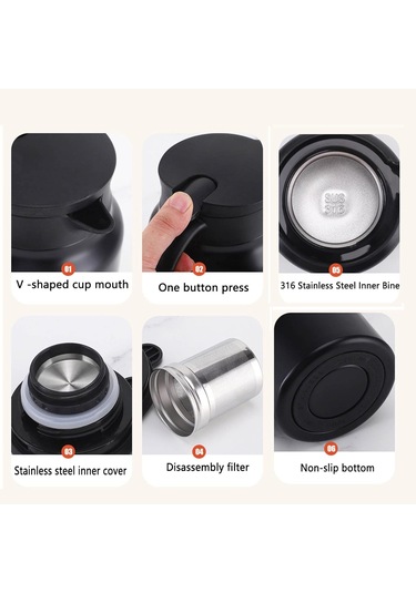 Erkek Su Şişesi Su Şişeleri Paslanmaz Çelik Yetişkin Termos Matara Yalıtımlı Şişeler Vakumlu Mataralar Filtreli Kahve Ev Büyük Kapasiteli Taşınabilir Hediye Siyah 1000ml