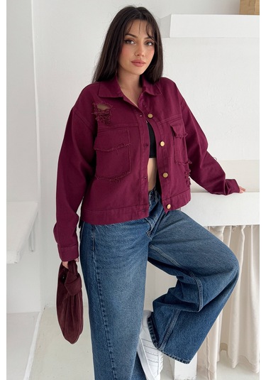 Kadın Yırtık Detaylı Crop Ceket Dinamik & Sokak Stili Bordo