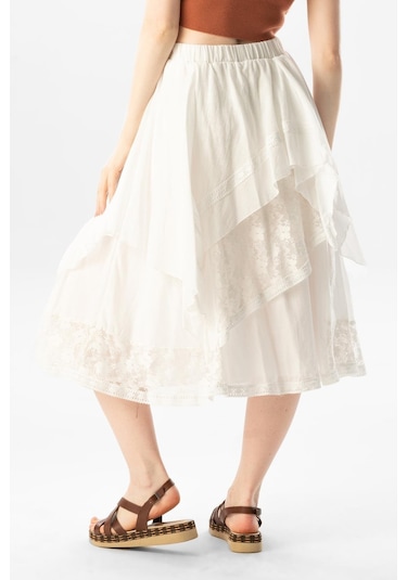 Salkım Vual Dantelli Saçaklı Uzun Yazlık Otantik Etek Krem Krm-krem Krem